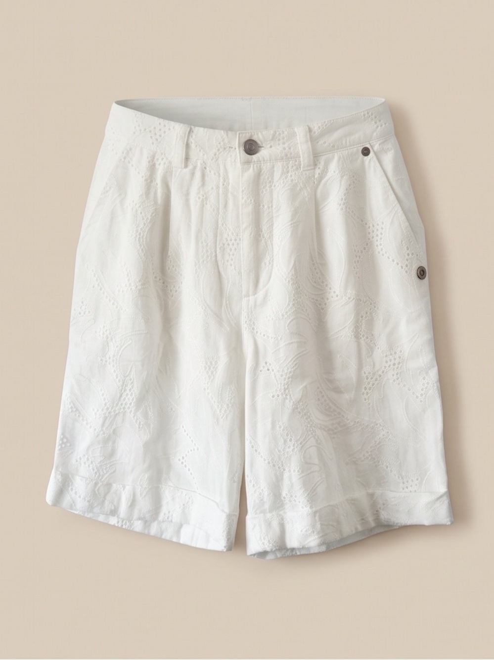 White Eyelet Bermuda Shorts with Embroidered Detail